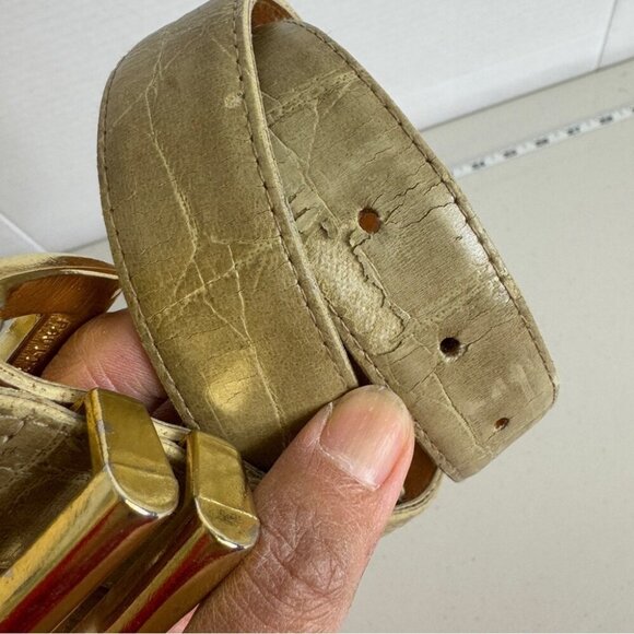 Vintage Genuine Leather Belt Beige Snakeskin textured Chunky Gold Buckle Size L - Picture 4 of 12